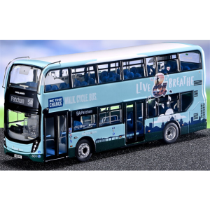 Blue Brighton & Hove double-decker bus with "Live & Breathe" artwork