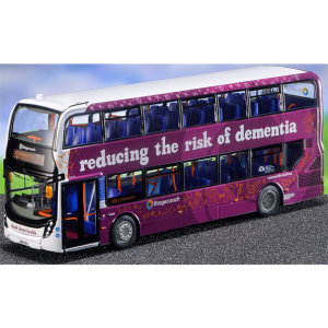 Purple Stagecoach bus with dementia awareness message