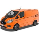 Orange Ford Transit die-cast model van with black racing stripes
