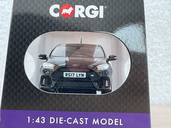 Front view of black Ford Focus RS die-cast model in Corgi box