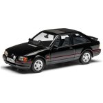 Front-side view of black Ford Escort XR3i die-cast model with C329 WLD plate