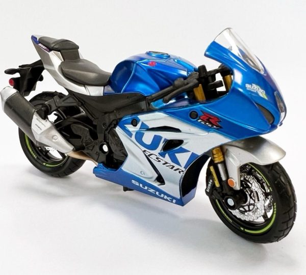 Blue and silver Suzuki GSX-R die-cast model motorcycle